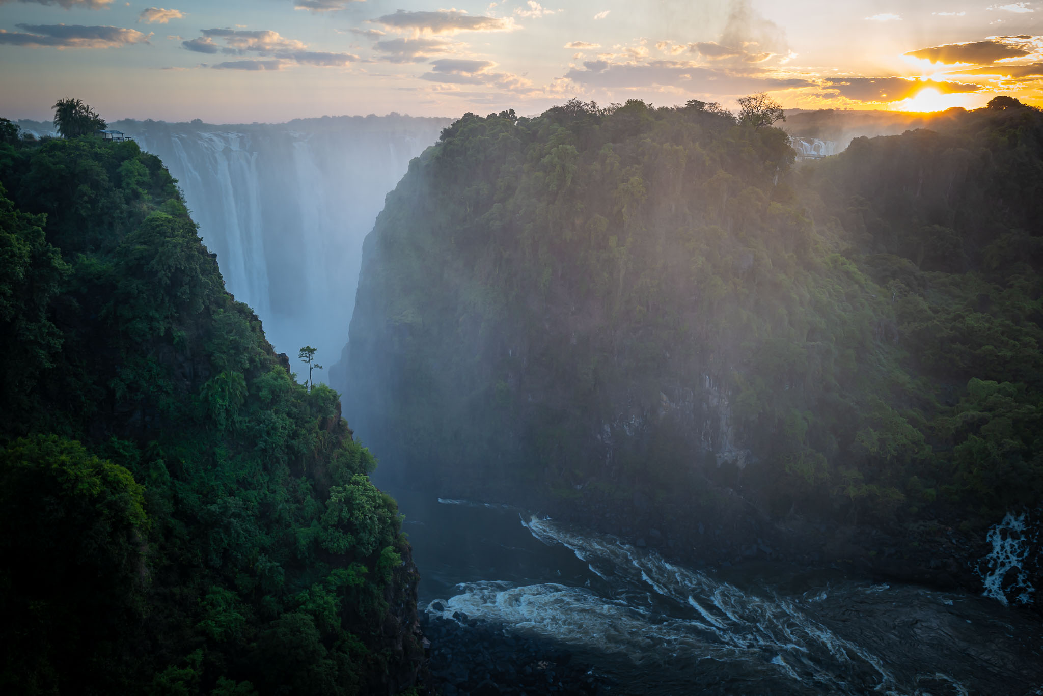Victoria Falls at sunrise, seen from the gorge.